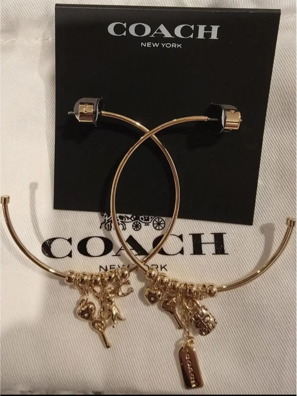 Coach Dangle Multi Charm Large Hoop Gold Tone NWT Authentic 127 MSRP - Picture 2 of 5